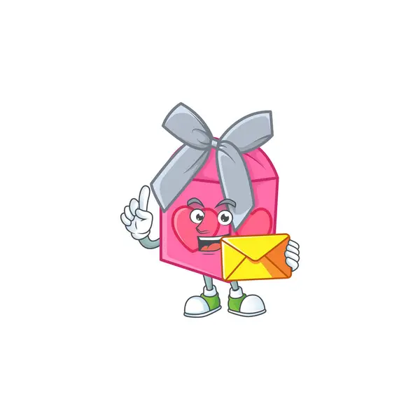 Χαρούμενα αγάπη δώρο ροζ σχέδιο μασκότ με φάκελο — Διανυσματικό Αρχείο