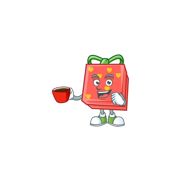 Cartoon character of love gift red with a cup of coffee — Stock Vector
