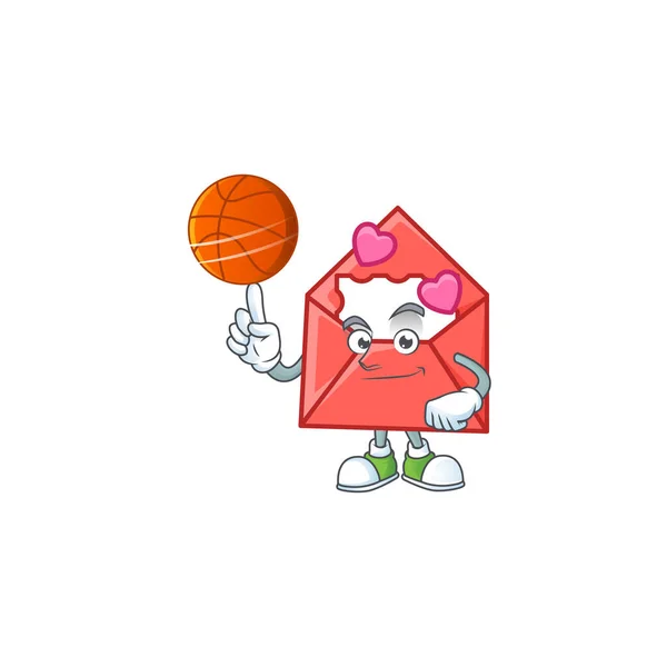 Una carta de amor saludable personaje de dibujos animados jugando baloncesto — Vector de stock