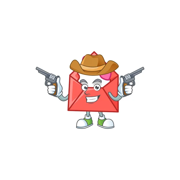 Confident love letter Cowboy cartoon character holding guns — Stock Vector