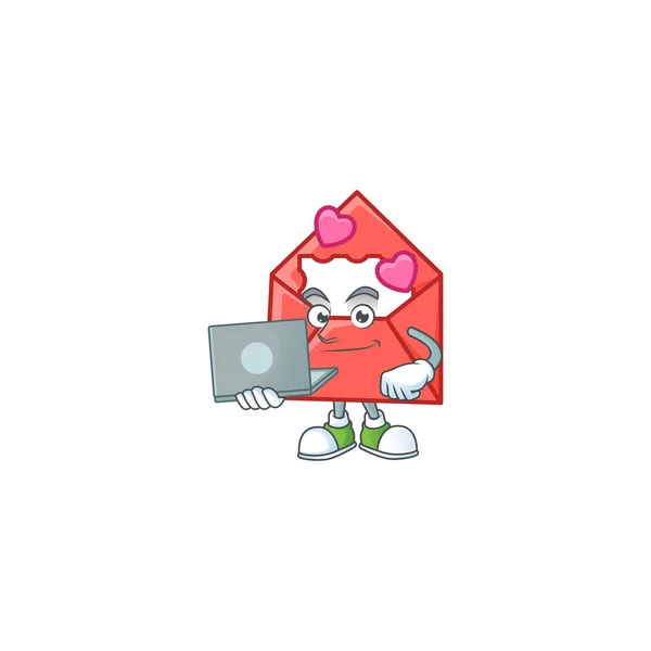 Um personagem mascote carta de amor inteligente trabalhando com laptop —  Vetores de Stock