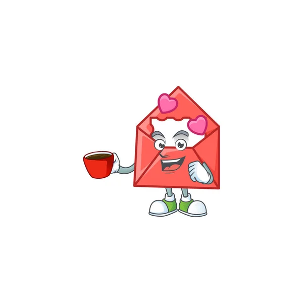 Χαρακτήρας κινουμένων σχεδίων του ερωτικού γράμματος με ένα φλιτζάνι καφέ — Διανυσματικό Αρχείο