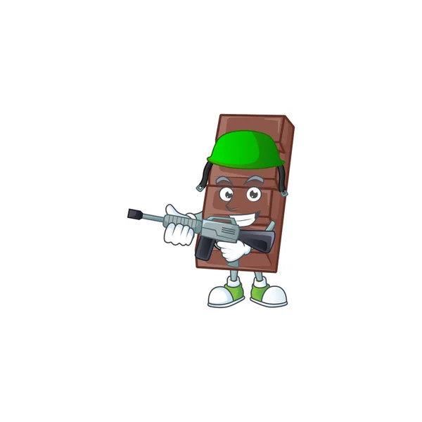 Personaje de cartón de barra de chocolate en un uniforme del ejército con ametralladora — Vector de stock