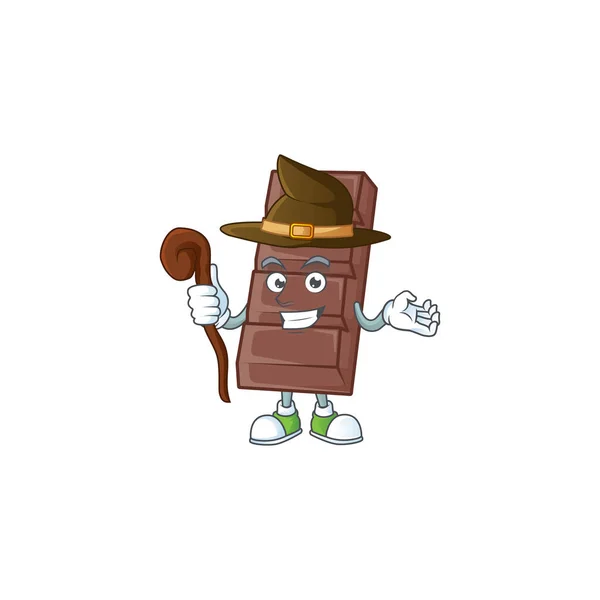 Mascotte de dessin animé style de barre de chocolat habillé en sorcière — Image vectorielle