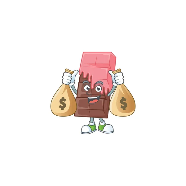 A picture of rich chocolate bar with pink cream cartoon character with two money bags — Stock Vector