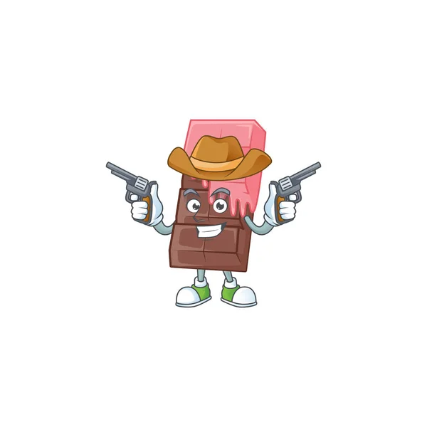 Confident chocolate bar with pink cream Cowboy cartoon character holding guns — 스톡 벡터