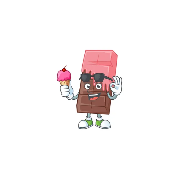 Chocolade bar met roze crème mascotte cartoon ontwerp met ijs — Stockvector