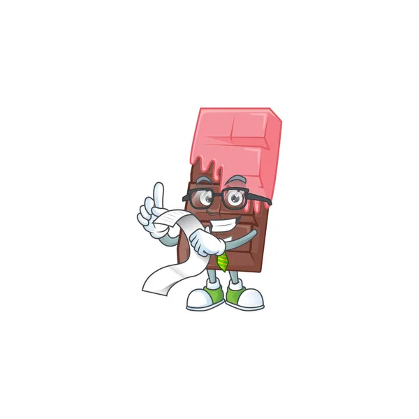 Un personaggio divertente cartone animato di cioccolato bar con crema rosa con un menu — Vettoriale Stock