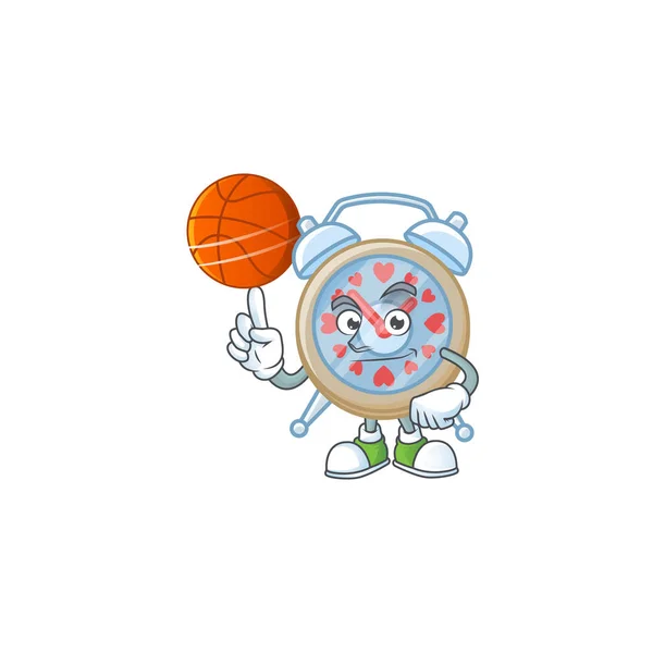 Um relógio saudável amor personagem dos desenhos animados jogando basquete — Vetor de Stock