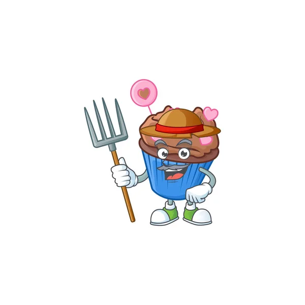 Cute Farmer chocolate amor cupcake cartoon mascote com chapéu e ferramentas — Vetor de Stock
