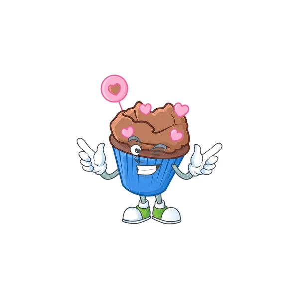 Grappig gezicht chocolade liefde cupcake cartoon karakter stijl met knipoog — Stockvector