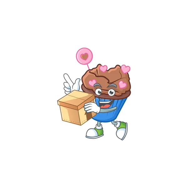 Leuke chocolade liefde cupcake cartoon karakter met een doos — Stockvector