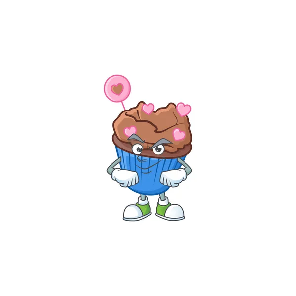 Chocolate amor cupcake mascota dibujos animados estilo personaje con cara sonriente — Vector de stock