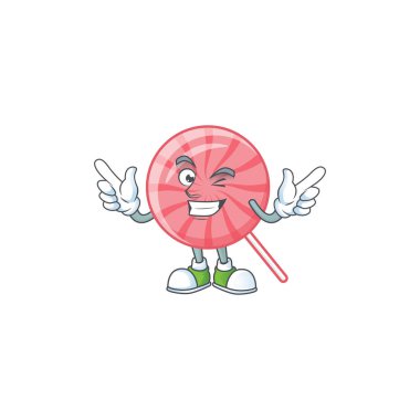 Funny face pink round lollipop cartoon character style with Wink eye
