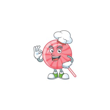 Pink round lollipop cartoon character wearing costume of chef and white hat