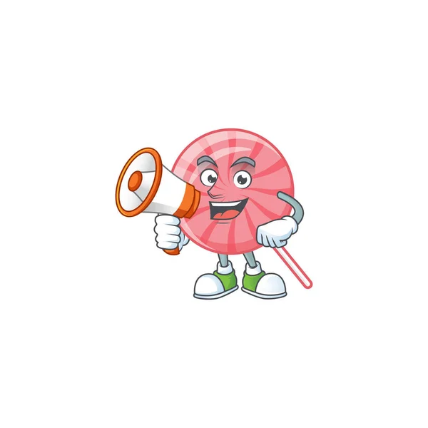 Cool cartoon character of pink round lollipop holding a megaphone — 스톡 벡터