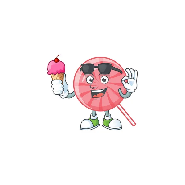 Rosa redonda pirulito mascote desenho animado com sorvete — Vetor de Stock