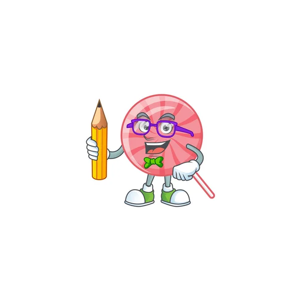 A picture of Student pink round lollipop character holding pencil — Stock Vector