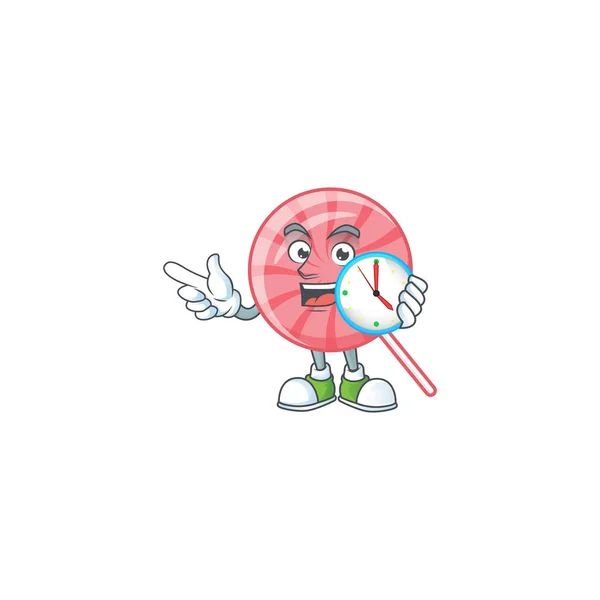 Cartoon character style pink round lollipop having clock — Stock vektor