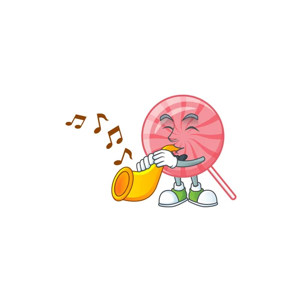 Estilo de personaje de dibujos animados de color rosa rendimiento piruleta redonda con trompeta — Vector de stock