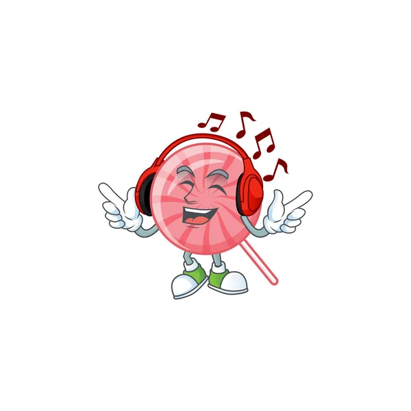 Luisteren muziek roze ronde lolly mascotte cartoon karakter ontwerp — Stockvector