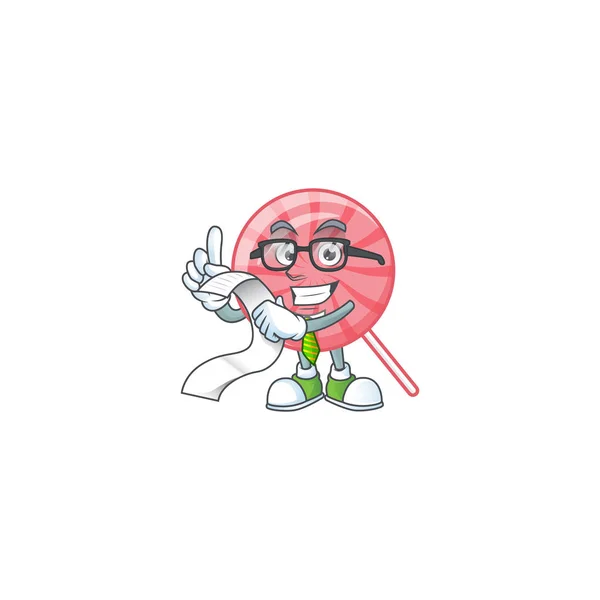 A funny cartoon character of pink round lollipop with a menu — 스톡 벡터