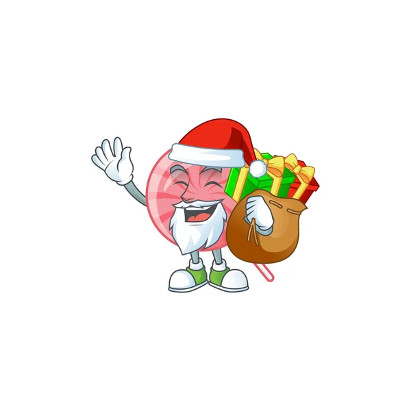 Santa pink round lollipop Cartoon character design having box of gift — Stok Vektör