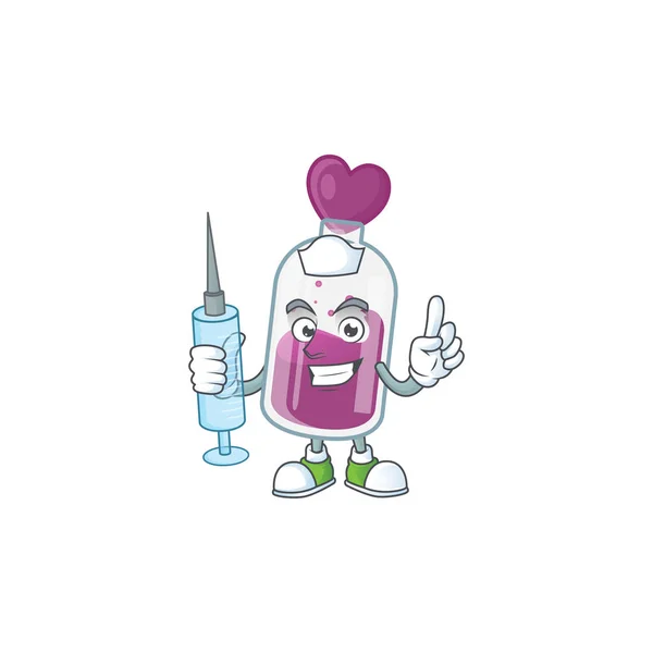 Smiley Nurse фіолетовий зірочка персонаж мультфільму зі шприцом — стоковий вектор