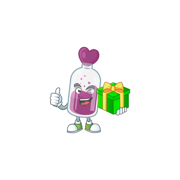 Smiley carácter poción púrpura con caja de regalo — Vector de stock