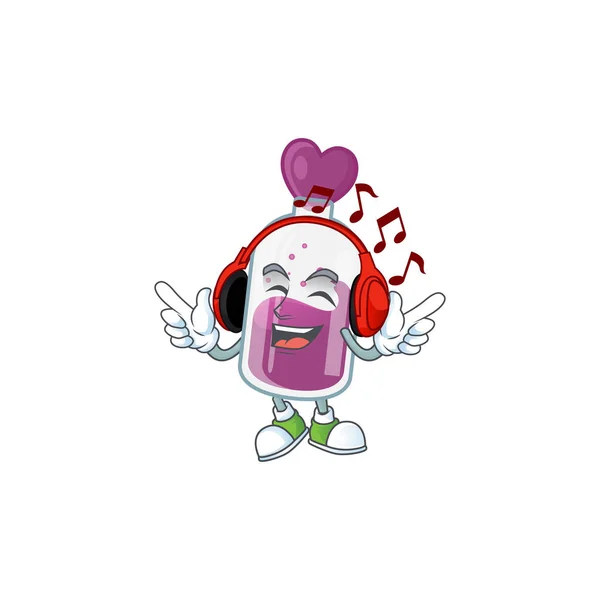 Escuchar música púrpura poción mascota dibujos animados diseño de personajes — Vector de stock