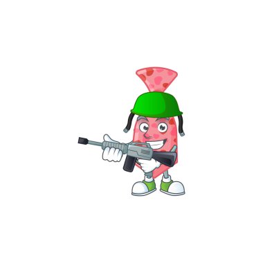 Pink love tie carton character in an Army uniform with machine gun