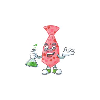 Smart Professor pink love tie cartoon character with glass tube