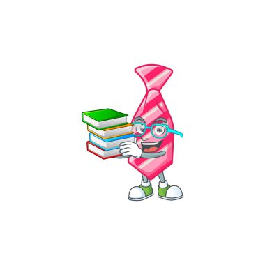 Cool and clever Student pink stripes tie mascot cartoon with book