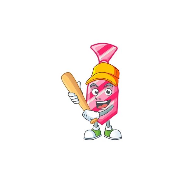 Sporty smiling pink stripes tie cartoon mascot with baseball — Stock Vector
