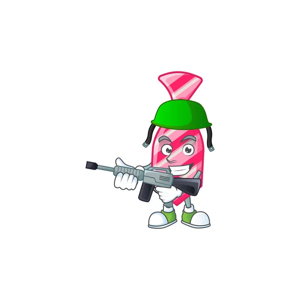 Listras rosa amarram o personagem da caixa em um uniforme do exército com metralhadora — Vetor de Stock