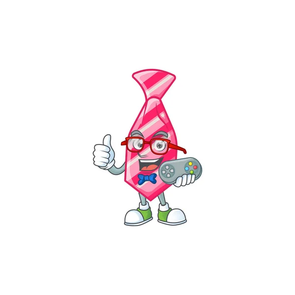 Smiley gamer pink stripes tie cartoon mascot style — 스톡 벡터