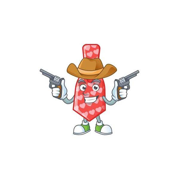 Confident red love tie Cowboy cartoon character holding guns — Stock vektor
