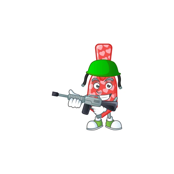 Red love tie carton character in an Army uniform with machine gun — Stock vektor