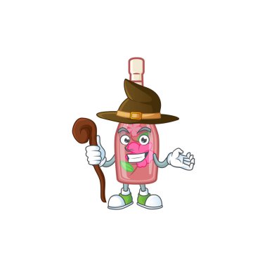 cartoon mascot style of pink bottle wine dressed as a witch