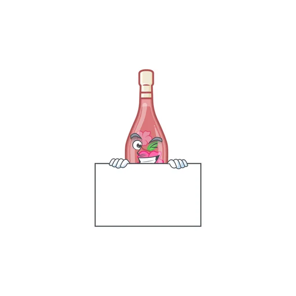 Grinning face pink bottle wine cartoon character style hides behind a board — 스톡 벡터
