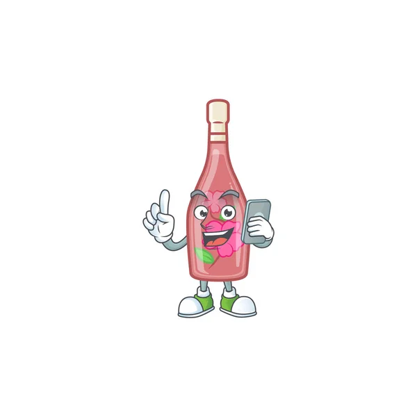 Χαριτωμένο σχεδιασμό του κρασιού ροζ μπουκάλι μιλώντας στο τηλέφωνο — Διανυσματικό Αρχείο