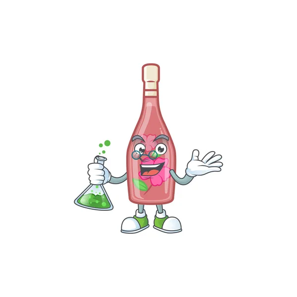 Inteligentní profesor růžová láhev víno kreslený znak se skleněnou trubicí — Stockový vektor