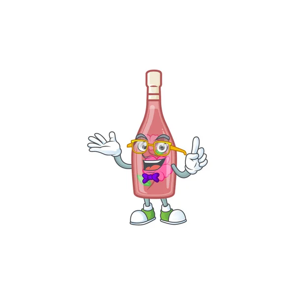 Personagem de desenho animado de design de vinho garrafa rosa Geek — Vetor de Stock