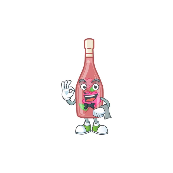 Barátságos rózsaszín üveg bor Karakter állni, mint egy pincér karakter — Stock Vector