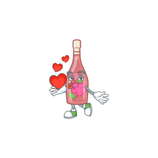 Funny Face pink bottle wine cartoon character holding a heart — Stok Vektör