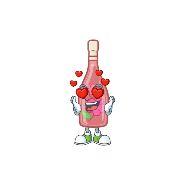 Innamorarsi carino rosa bottiglia di vino cartone animato personaggio design — Vettoriale Stock