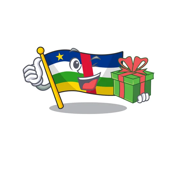 Mascotte de dessin animé de drapeau heureux d'Afrique centrale avec boîte cadeau — Image vectorielle
