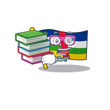 Orta Afrika Maskotu çizgi film karakteri tarzında kitap bayrağı taşıyan öğrenci