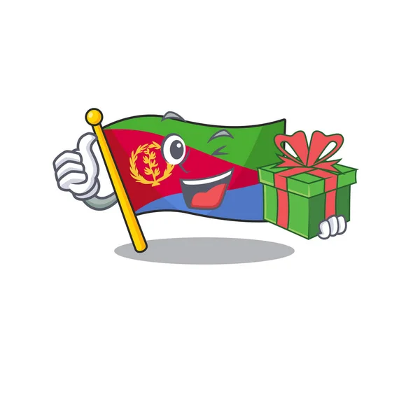 Maskotka kreskówka szczęśliwy flaga eritrea z pudełko prezentów — Wektor stockowy
