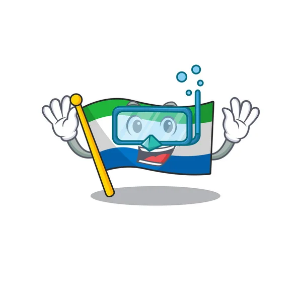 Bandera sonriente sierra Leone estilo personaje de dibujos animados con gafas de buceo — Vector de stock